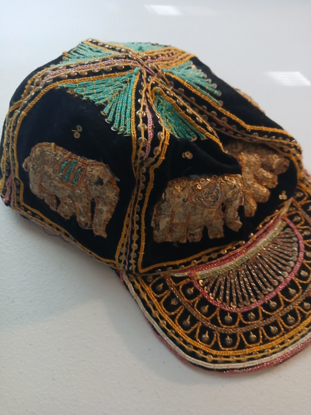 Embroidered Elephant Sequin Cap - Black & Gold